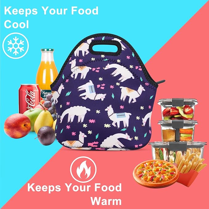 Violet Mist Lunch Bag, Alpaca Pattern, Neoprene Material, 11.42"L x 10.43"H x 5.51"W, 8.7 inches deep, fits containers up to 7"L x 6"W, Machine Washable