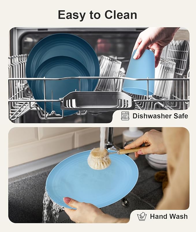 Quatish 24 Piece Plates and Bowls Sets for 6, Unbreakable Dinnerware Sets, Plastic Dish Set for Camping, Dishwasher Microwave Safe, Outdoor Kitchen and Apartment Dinning RV Essentials, Blue