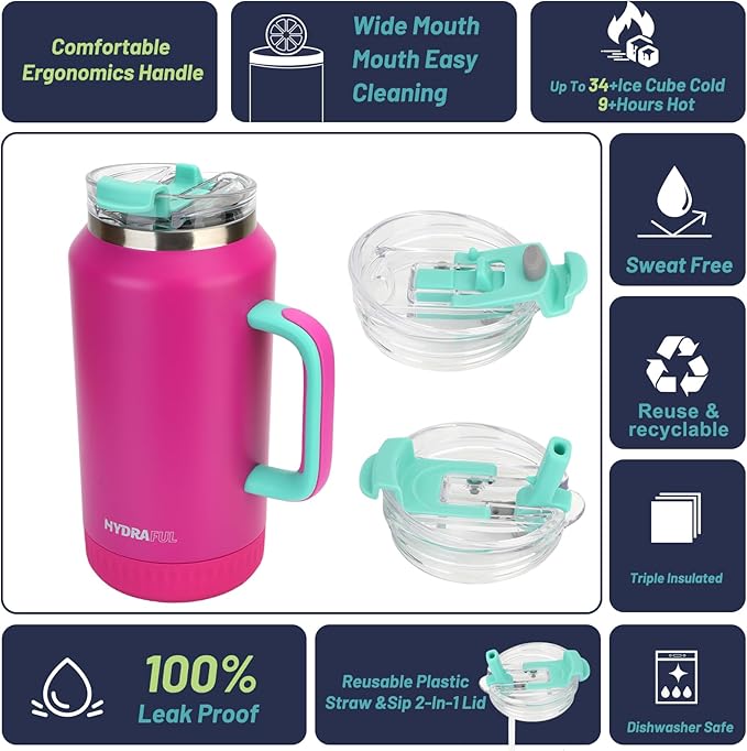 Hydraful 64 oz Tumbler with Handle and Straw - 100% Leak-Proof - Insulated Cup Reusable Stainless Steel Large Water Bottle Travel Mug for Gym, Hiking, and Camping - Gifts for Women Men Him Her