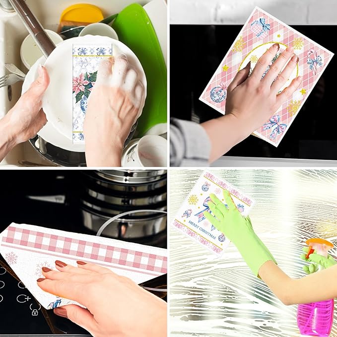 Christmas Swedish Dishcloths for Kitchen - 6PCS Nutcracker Swedish Cloths for Washing Dishes, Santa Bow Reusable Dish Towels Gifts, Merry Christmas Washable Cleaning Sponge Fast Drying