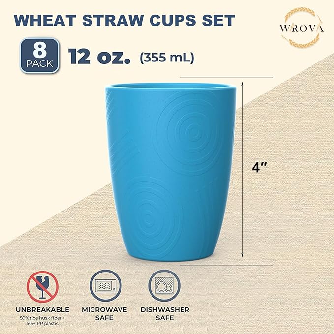 Wheat Straw Cups 8 PCS Good Alternative to Plastic Reusable Cups 12 oz Unbreakable Drinking Cup Reusable Dishwasher Safe Water Plastic Glasses - Ocean Series
