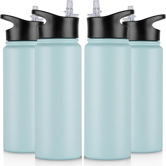 24 oz Insulated Water Bottle Bulk 4 Pack, Stainless Steel Sports Water Bottles with Straw Lid & Wide Mouth Lids, Double Walled Vacuum, Leak Proof, Turquoise Blue