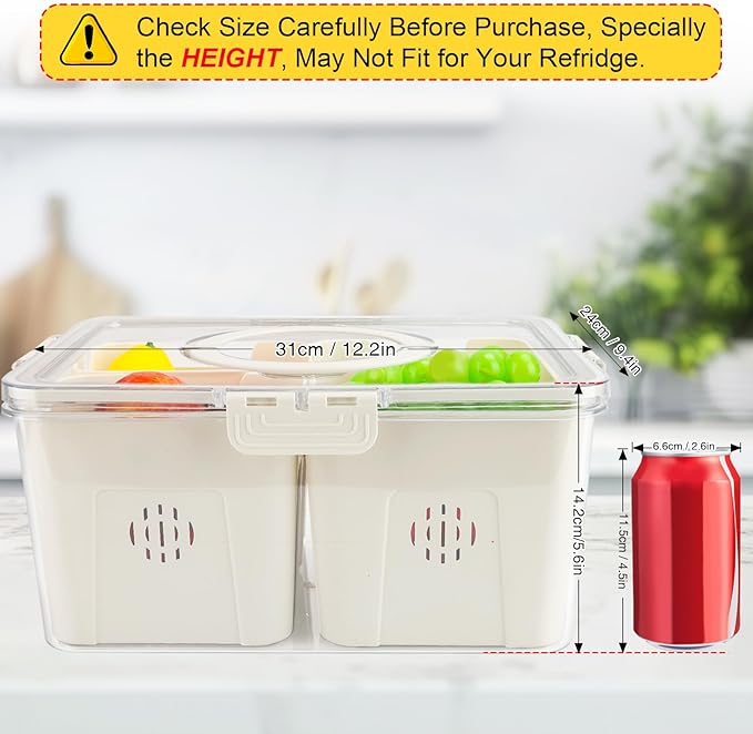 shopwithgreen Storage Containers for Fridge with Lid and Handle, Portable Food Box Container with 3 Removable Colanders, Fresh Produce Saver for Fruit, Vegetable, Refrigerator, Kitchen, Home, Picnic