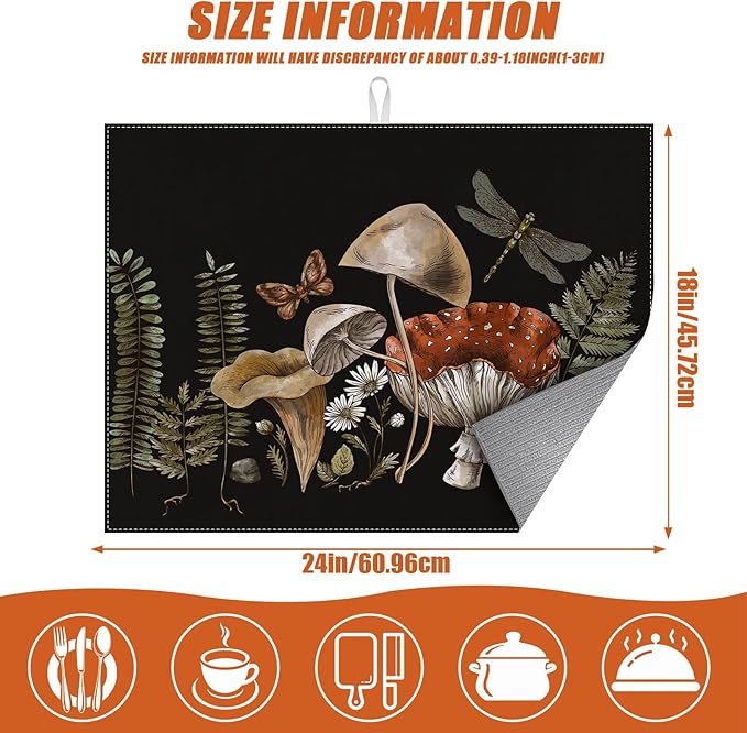 Vintage Mushroom Dish Drying Mat for Kitchen Counter Microfiber Absorbent Dish Kitchen Drying Mat Draining Reusable Washable for Dishes/Utensils/Counterto