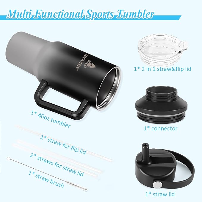 40 oz Tumbler with Handle and Straw or Convert to 40 oz Insulated Water Bottle Fits in Cup Holder. Stainless Steel Metal Water Flask with 2 Lids for Travel,Camping,Gym Sports Coffee Mug Thermal Cup