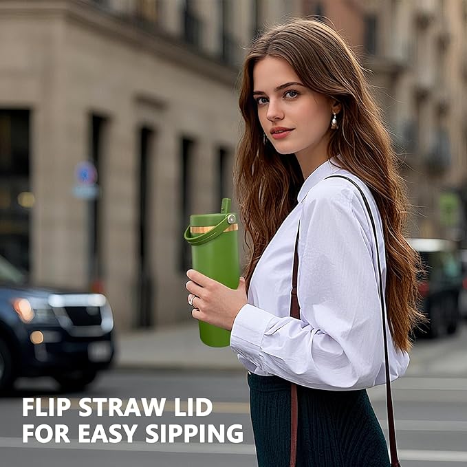 30 oz Tumbler Bulk with Handle and Straw, Vacuum Insulated Tumblers with Flip Straw and Top Handle, Leakproof Powder Coated Tumbler, Stainless Steel Travel Mug for Coffee (Army Green, 8 Pack)