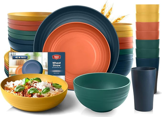 Teivio 32-Piece Kitchen Plastic Wheat Straw Dinnerware Set, Service for 8, Dinner Plates, Dessert Plate, Cereal Bowls, Pasta Bowls, Unbreakable Outdoor Camping Dishes, Autumn Multicolor