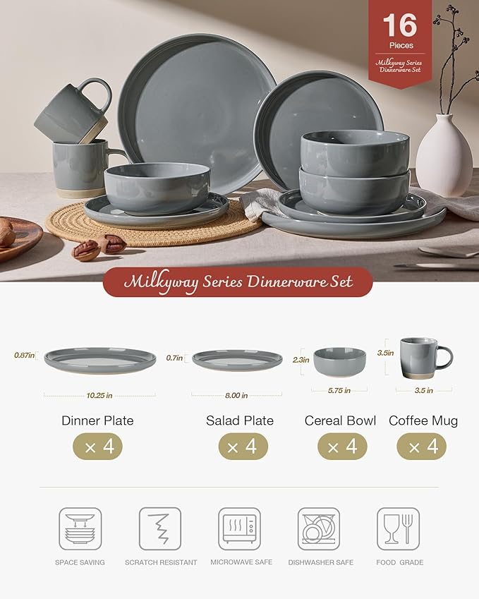 Famiware Milkyway Dinnerware Set with Mugs, Service for 4 (16pcs), Ribbed Stoneware Plates and Bowls Dishes Sets - Chip & Scratch Resistant, Microwave & Dishwasher Safe, Dark Gray