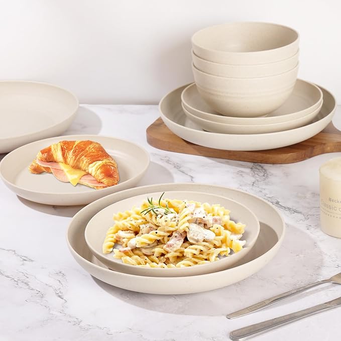 Cream Plastic Plates and Bowls Sets Dishwasher and Microwave Safe Wheat Straw Dinnerware Sets for 8,Reusable Plastic Dishes Set Lightweight Unbreakable for Kitchen Camping Outdoor RV 32 Pcs