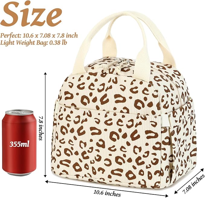BTOOP Lunch Box for Women Men Cute Corduroy Lunch Bags Large Capacity Insulated Lunch Tote Bag For Work Travel Or Picnic (Beige-Brown-Leopard)
