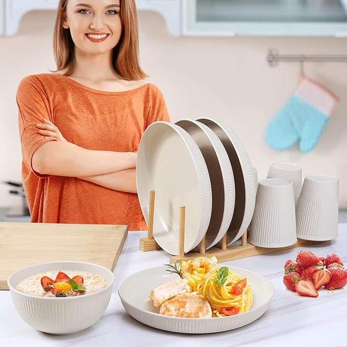 12pcs Wheat Straw Dinnerware Sets, Kitchen Unbreakable Wheat Straw Plates and Bowls Sets for College Dorm Apartment Reusable Beige