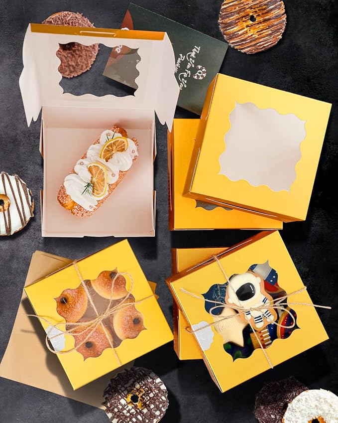 qiqee Gold Bakery Box with Window 36Packs 6x6x3 Golden Cookie Boxes Gold Cardboard Boxes for Cookie, Pastry, Cupcake, Pie, Donut