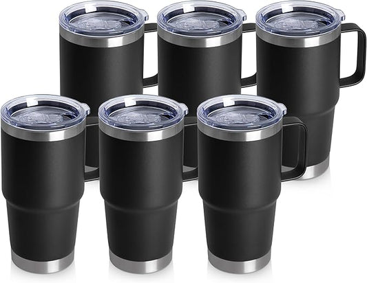 20oz Tumbler Bulk with Lid, Stainless Steel Tumbler Bulk with Handle, Metal Insulated Travel Coffee Mug Set with Handle, Double Wall Vacuum Leak Proof Tumbler Cup, Black 6 Pack