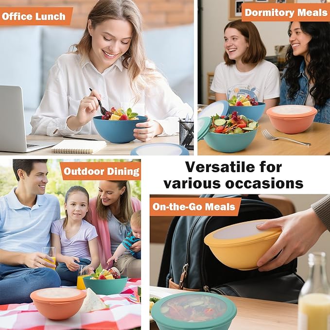 Wheat Straw Bowls Set with Lids, Unbreakable 40 OZ Cereal Bowls Set of 4, Salad Container for Lunch, Microwave & Dishwasher Safe Bowl Set for Kitchen, Picnic, RV, Camping, Multi