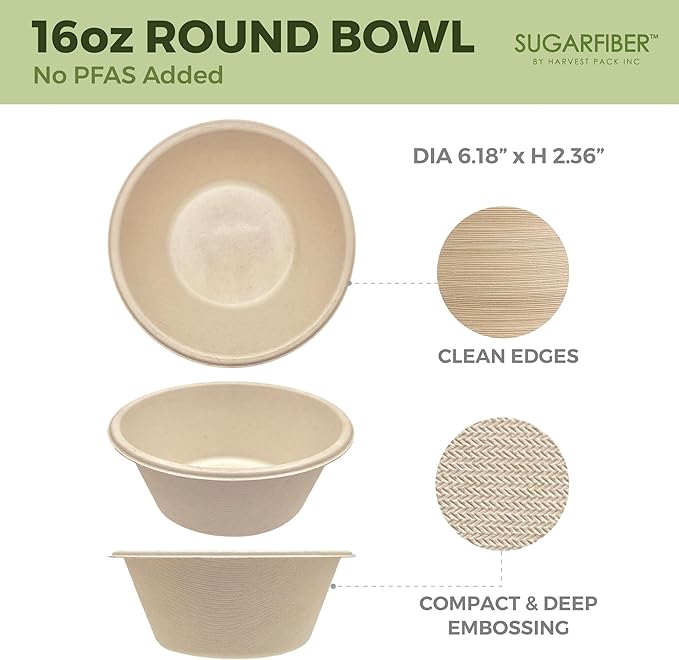 [125 SET]Sugarfiber by Harvest Pack 16oz PFAS FREE Round Paper Bowls with Flat Lids, Heavy-Duty Eco-Friendly Disposable Bagasse Bowls Sugarcane Natural for Acai Bowl Meal Prep Takeout Dinnerware