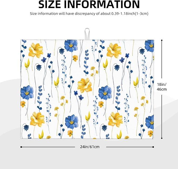 Watercolor Floral Decorative Microfiber Dish Drying Mat for Kitchen Counter 18"x24" Navy Blue Yellow Flower Dishes Pad Dish Drainer Rack Mats Absorbent Washable Reusable