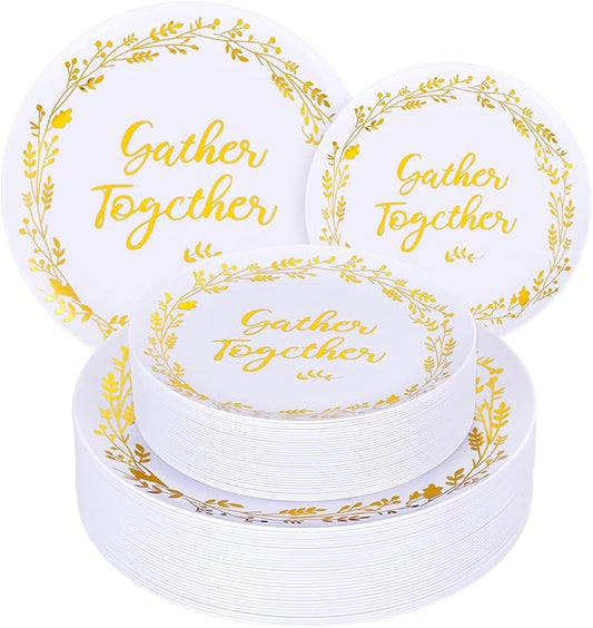 WONDERFUL 60 Pcs Thanksgiving Plastic Plates Heavy Duty plastic Thanksgiving Plates Disposable White and Gold Design Include 30 Dinner Plate &30 Dessert Plate Suitable for Any Gathering Festival