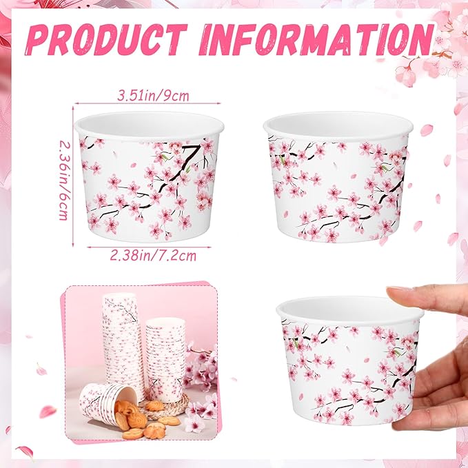 50 Pack Cherry Blossom Ice Cream Cups 9 oz Cherry Blossom Disposable Dessert Bowls Pink Floral Paper Soup Bowl Sakura Snack Cup Wedding Baby Shower Birthday Party Supplies for Hot Cold Food