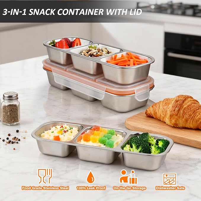 3 Pack Stainless Steel Snack Containers with Lids, Leakproof Lunch Box Containers, Reusable 3 Compartment Snackle Box, Grab and Go lunchable container for Travel