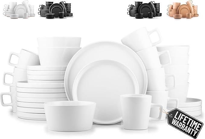 Zulay Kitchen Terra Stoneware 32-Piece Dinnerware Set, Artisanal Ceramic Plates and Bowls Set Crafted at 2300℉ - Service for 8, Frost White