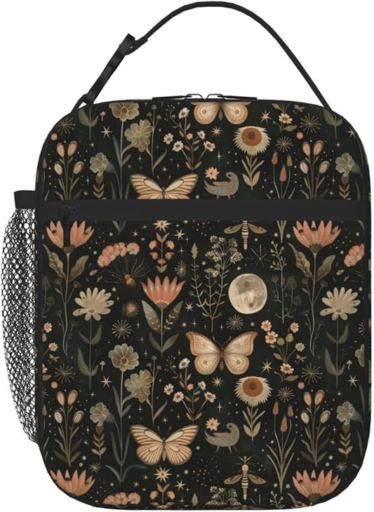 SUPLUCHOM Lunch Bag Vintage Butterfly Moon Flower Insulated Bento Box Cooler with Side Pocket for Girl Boy Women Men Work School Picnic Hiking Daytrip