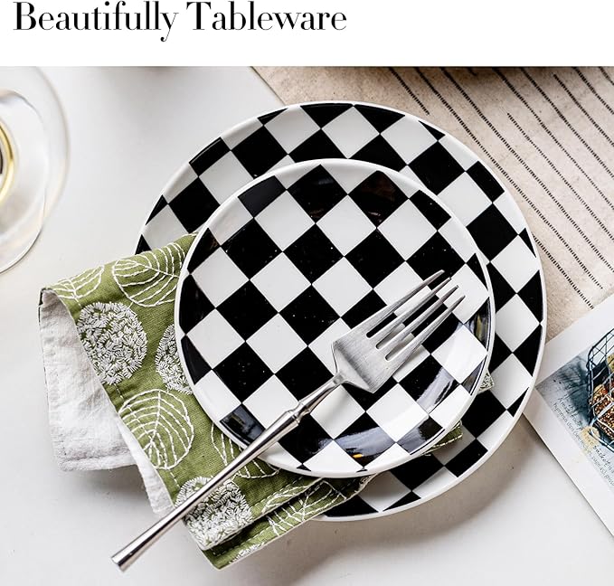 Black and White Checkered Small Dessert Plates Set of 6-6 Inch Ceramic Plates, Microwave & Dishwasher Safe, Minimalist Decorative Platters for Desserts