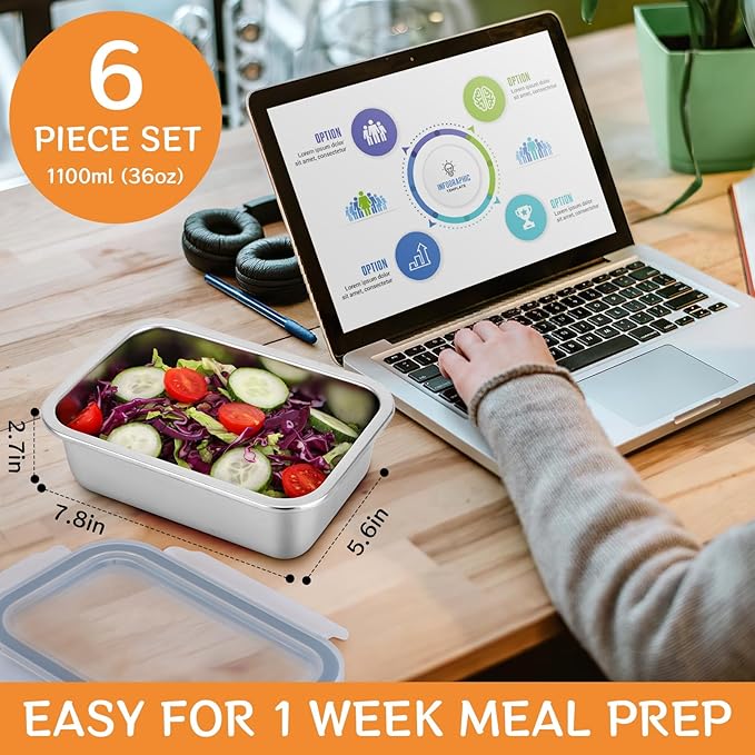 6-Piece 304 Stainless Steel Food Storage Containers with Lids, Leakproof & Airtight Bento Lunch Box, Oven/Freezer/Dishwasher Safe,Stackable Kitchen Storage Set