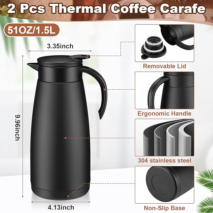 Uiifan 2 Pcs Thermal Coffee Carafe Insulated Stainless Steel Coffee Carafes for Keeping Hot and Cold Double Walled Vacuum Thermal Pot Flask with Brush for Water Milk Tea Home and Office(Black,51oz)