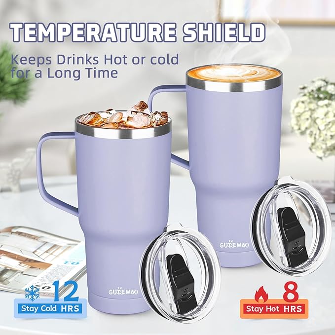 20 oz Insulated Coffee Mug with Ceramic Coating, Stainless Steel Travel Mug Tumbler with Handle Lid and Straw, Double Wall Leak-Proof Coffee Travel Mug Keeps Drink Hot and Cold (Light Purple)