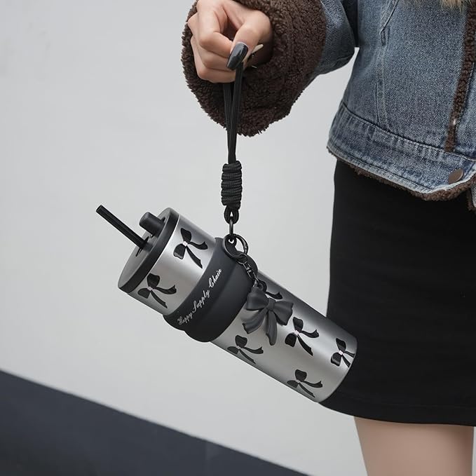 24 oz Stainless Steel Tumbler with Lid and Straw, Insulated Water Bottle Leak Proof for Hot and Cold, Portable Travel Coffee Mug, Reusable Coffee Cup for Women, Bow