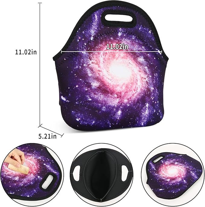 Violet Mist Women's Reusable Neoprene Lunch Bag, Galaxy Sky Insulated, Thermal, Waterproof, 11.42"L x 10.43"H x 5.51"W, 8.7 inches, fits containers up to 7"W x 6"L