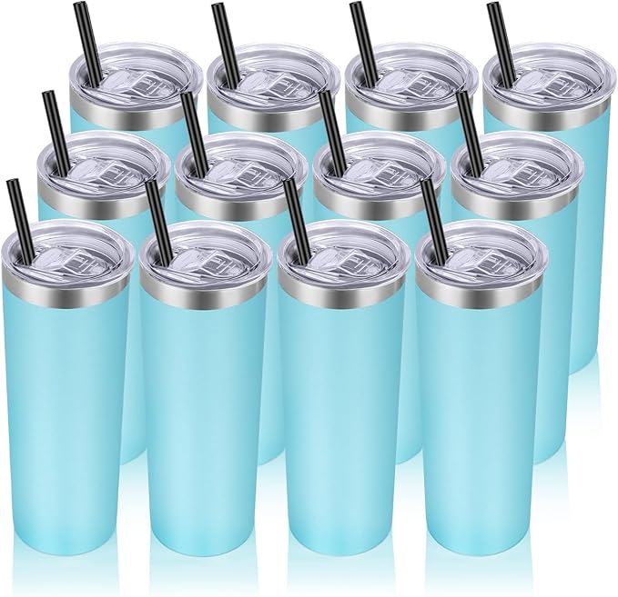 VEGOND Stainless Steel Tumblers Bulk 12 Pack, 20 oz Vacuum Insulated Skinny Tumblers with Lids and Straws, Double Wall Coffee Mug, Travel Water Cup, Blue