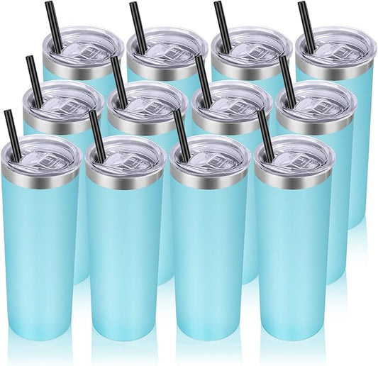 VEGOND Stainless Steel Tumblers Bulk 12 Pack, 20 oz Vacuum Insulated Skinny Tumblers with Lids and Straws, Double Wall Coffee Mug, Travel Water Cup, Blue