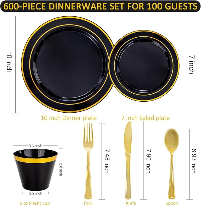 WELLIFE 600 PCS Black and Gold Disposable Dinnerware Set for 100 Guests, Gold rimmed Plastic Dinner Plates,Salad Plates,Cups,Silverware Set for Party Supplies and Halloween Party
