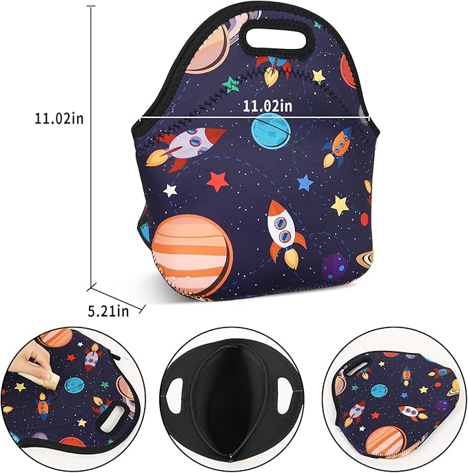 Violet Mist Women's Reusable Neoprene Lunch Bag, Space Rocket, Unisex, 11.4"L x 10.43"H x 5.51"W, 8.7 inches, fits containers up to 7"W