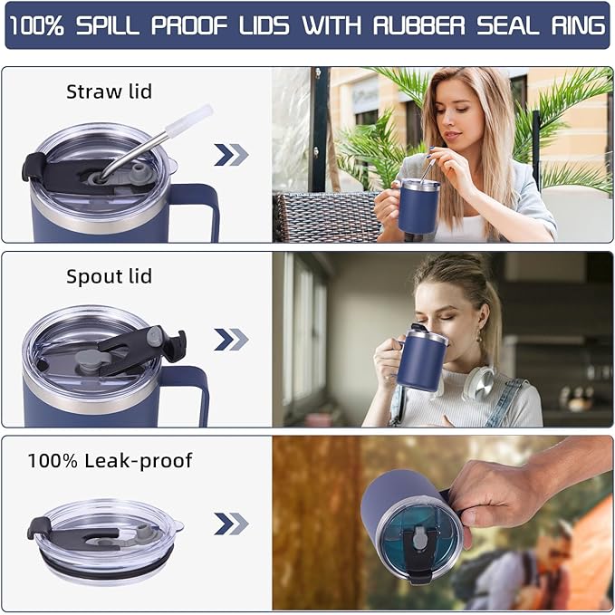 Volhoply 12oz Insulated Leakproof Coffee Mug with Flip & Straw Lid Bulk 8 Pack,Double Wall Vacuum Stainless Steel Travel Tumbler Cup with Handle,Reusable Camping Mugs Keep Cold/Hot(Assorted,8 Set)