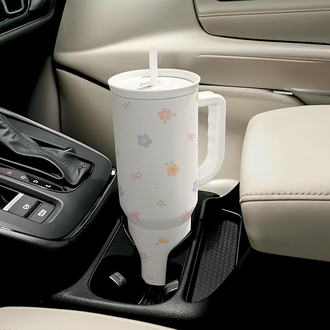 Floral 40oz Slider Tumbler with Handle and Straw - Insulated Stainless Steel Travel Coffee Mug for Women Girls, Gift for Birthday Christmas