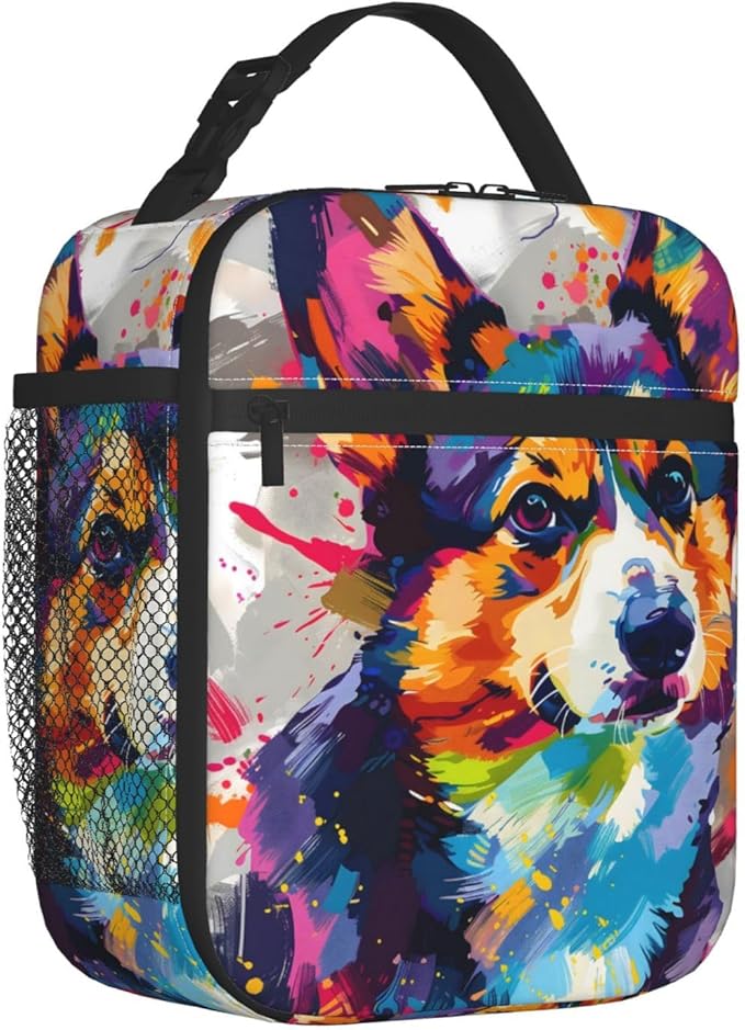 Reusable Colorful Corgi Lunch Box for Kids, Insulated Vibrant Cool Dog Bag,Polyester Cooler Pet Lovers Handbags Case for School Picnic Work Travel Beach or Hiking, Gifts
