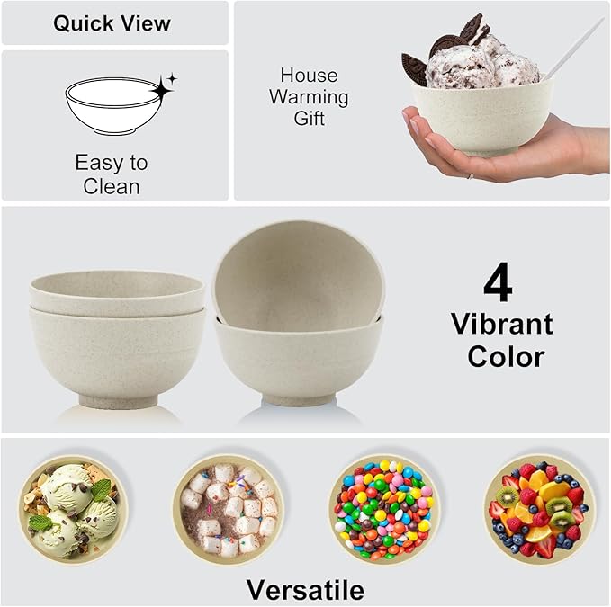 Wrova wheat straw dessert bowls 10oz set of 8 - Unbreakable snack Bowls for kids - Mini Bowls for Ice Cream,Snack and Fruits - Microwave & Dishwasher Safe Appetizer Bowl Sets - Beige
