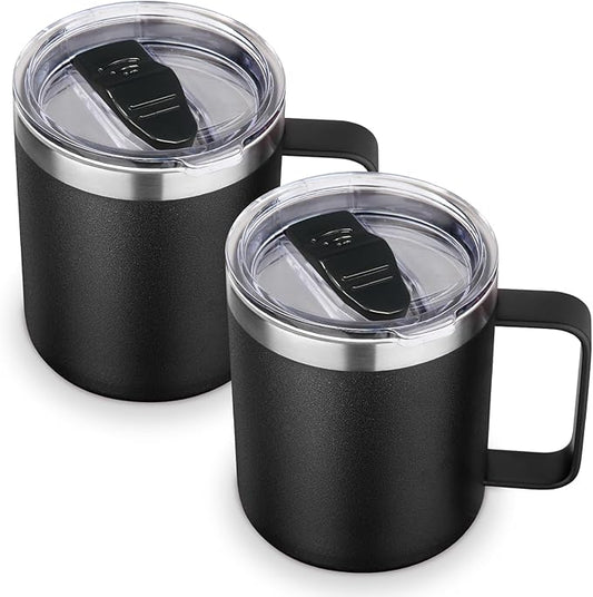 Volhoply 14oz Insulated Stainless Steel Coffee Mug with Lid Bulk 2 Pack,Double Wall Vacuum Travel Coffee Cup with Handle,Reusable Cups Tumbler,Camping Mugs Keep Hot,Ideal Gifts(Black,2 Set)