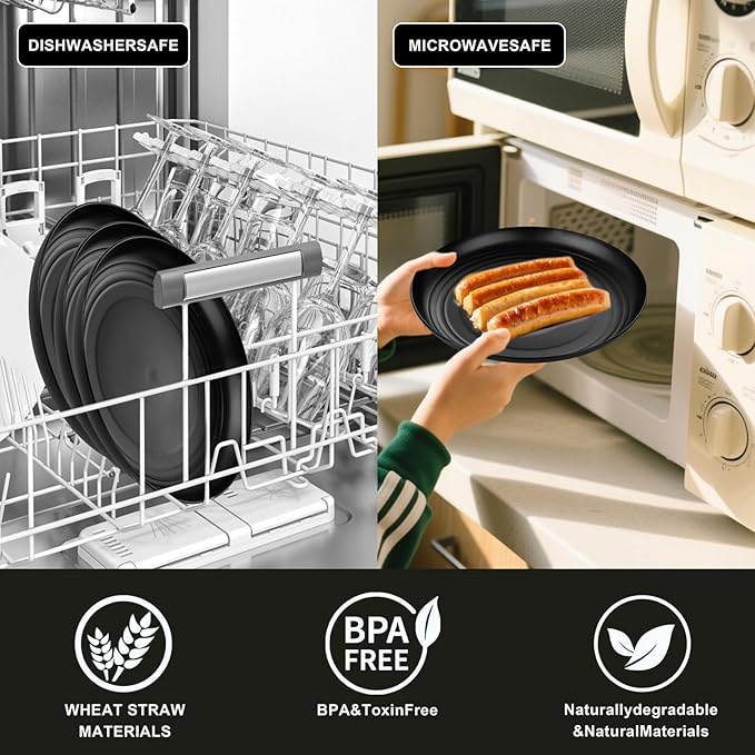 supernal 24pcs Wheat Straw Dinnerware,Unbreakable Dinner Plates Set,Microwave Dishwasher Safe,Black Reusable Plates for Picnic,Birthday,Camping