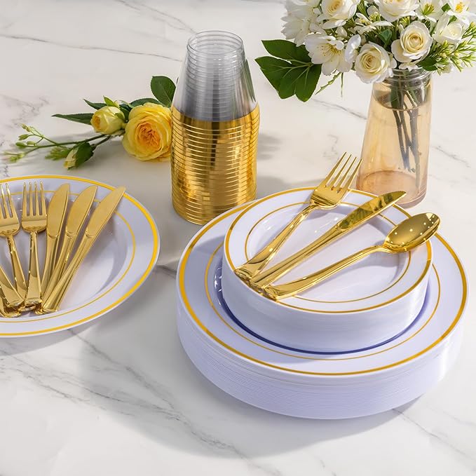 WELLIFE 450 PCS Gold Disposable Dinnerware Set for 75 Guests, 75 Each-Dinner & Salad Plates,Cups, Forks, Knives, Spoons for Wedding and Party Supplies