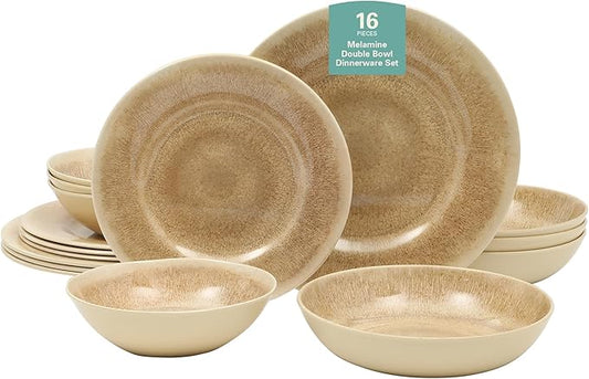 Gibson Home Casper Court 16-Piece Melamine Dinnerware Set – Beige Reactive Glaze Look Plates and Bowls, Service for 4 – Top Rack Dishwasher Safe Everyday Dining Set