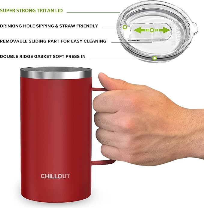 CHILLOUT LIFE Stainless Steel 20 oz Vacuum Insulated Coffee Mug with Handle and Lid, Large Thermal Camping Coffee Mug Cup with Durable Sliding Lid for Men & Women, Keeps your Beverages Hot/Cold