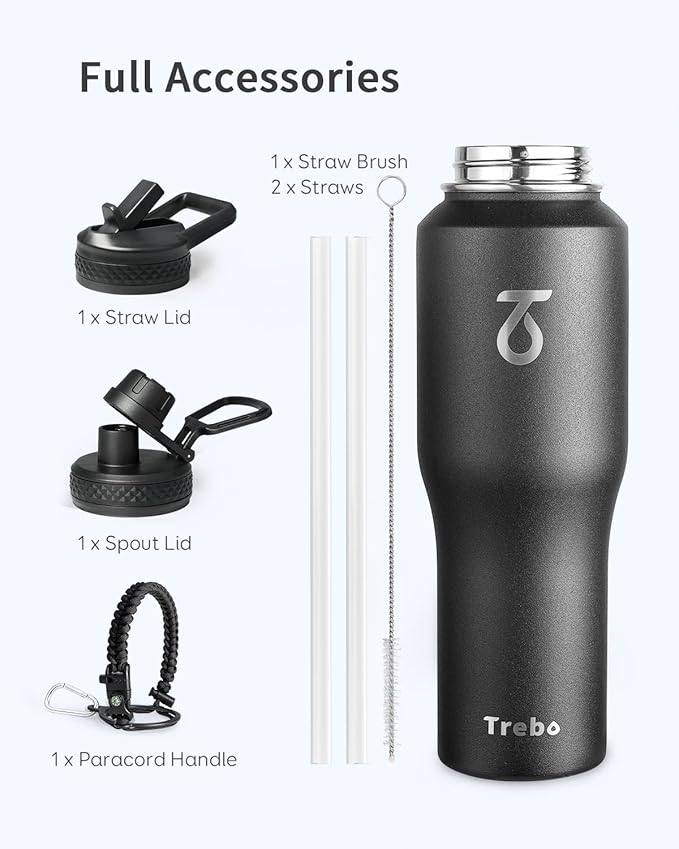 Trebo 32 oz Water Bottle Insulated Fit in Any Car Cup Holder,Triple Wall Vacuum Stainless Steel Water Bottles (Keep Cold for 48 Hrs),Leakproof Tumbler Flask with Paracord Handle,Straw Spout Lids