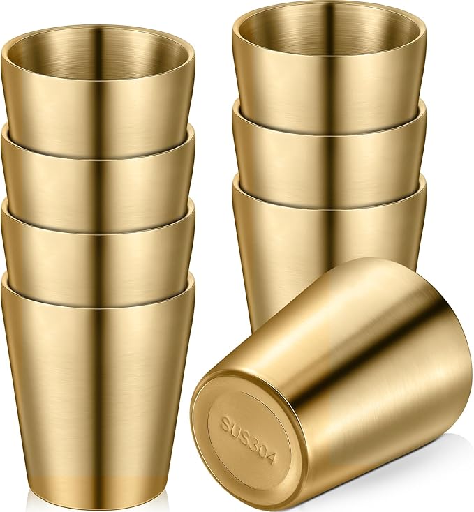 8 Pack Stainless Steel Insulated Cup Metal Tumbler Double Wall Vacuum Water Glasses Camping Reusable Mugs Bbq Home Office Party Coffee (Gold,10 oz)