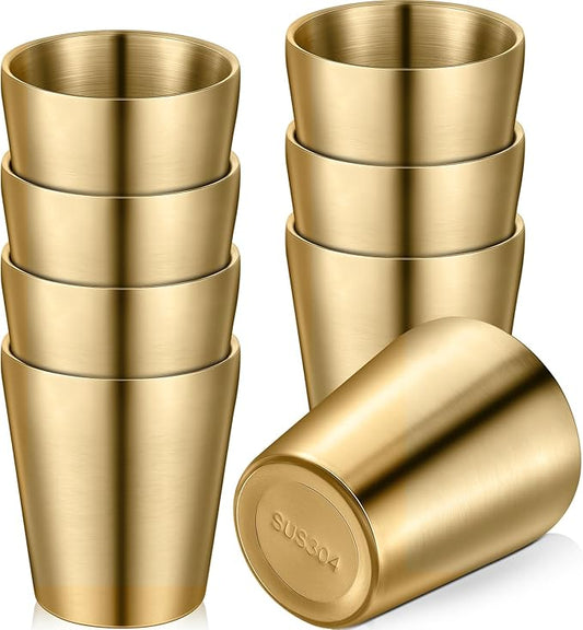 8 Pack Stainless Steel Insulated Cup Metal Tumbler Double Wall Vacuum Water Glasses Camping Reusable Mugs Bbq Home Office Party Coffee (Gold,10 oz)
