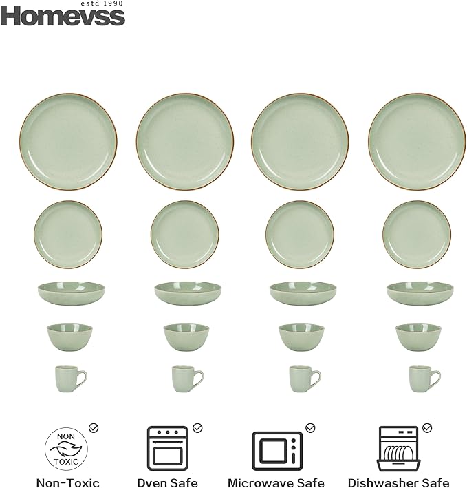 Eur-Nordic Shape Raising Rim 20pc Dinnerware Set, Shiny Glaze Green with Speckle Effect