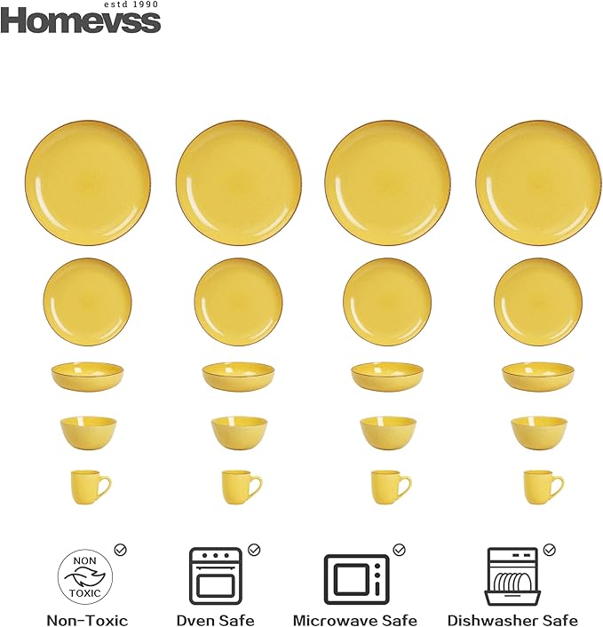 Eur-Nordic Shape Raising Rim 20pc Dinnerware Set, Shiny Glaze Yellow with Speckle Effect