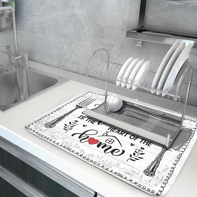 White Kitchen Dish Drying Mat 18x24 Inch Knife Fork Dish Drainer Rack Mats Microfiber Absorbent Protector for Kitchen Countertop Decor